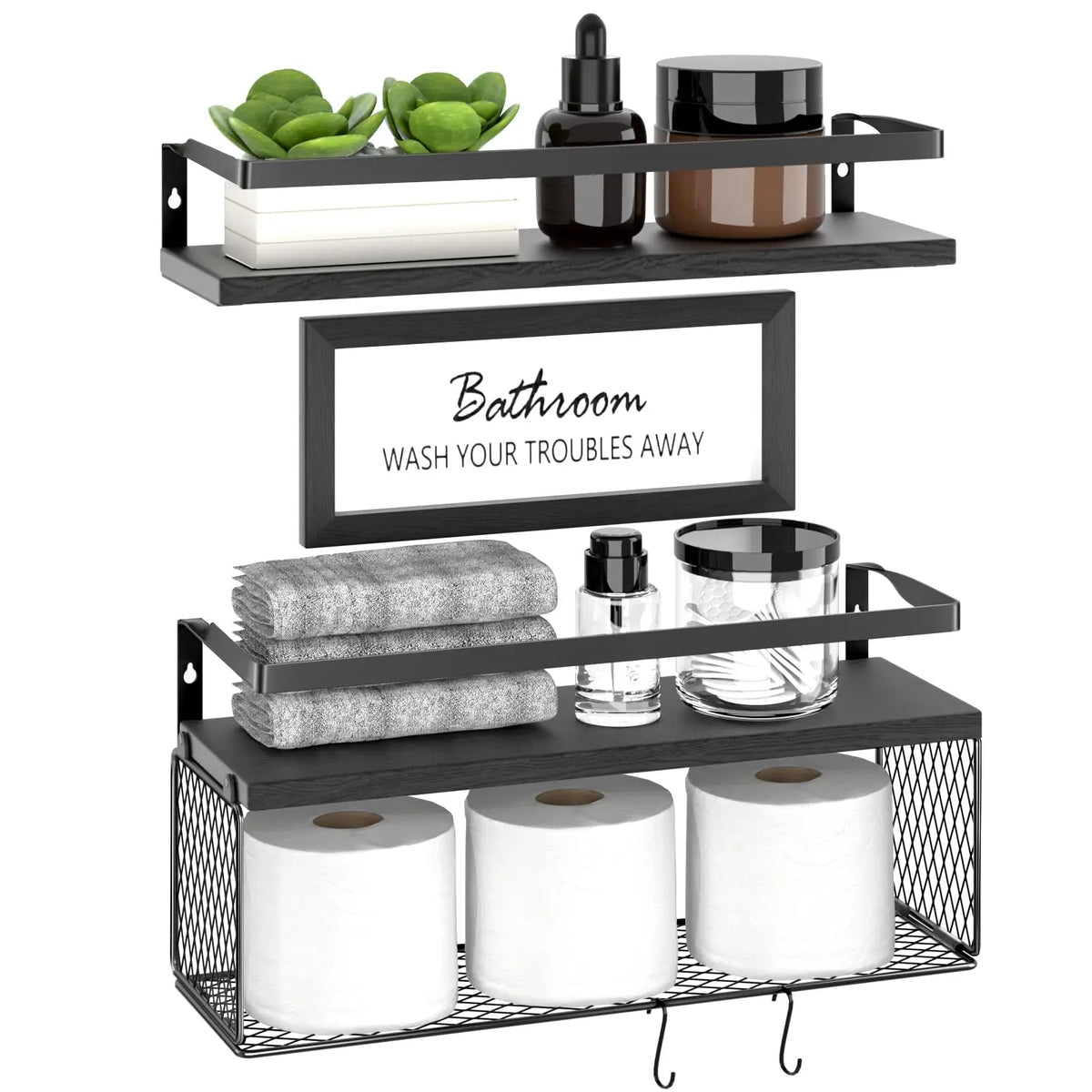 Floating Shelves with Storage Basket & Metal Guardrail, Bathroom Shelves Over Toilet with Wall Decor Sign, Wood Wall Organizer for Bedroom, Living Room, Kitchen