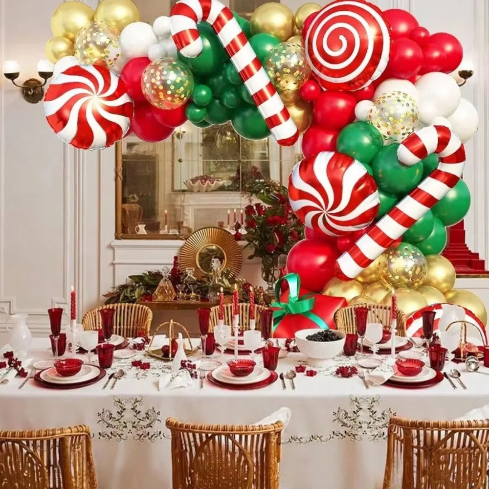 Christmas Candy Cane Balloon Garland Kit, Red Green White Metallic Gold Latex & Confetti Balloons, Giant Peppermint Lollipop Candy Cane Gift Box Foil Balloons, Winter Holiday 2026 New Year Xmas Dinner Table Party Photo Backdr