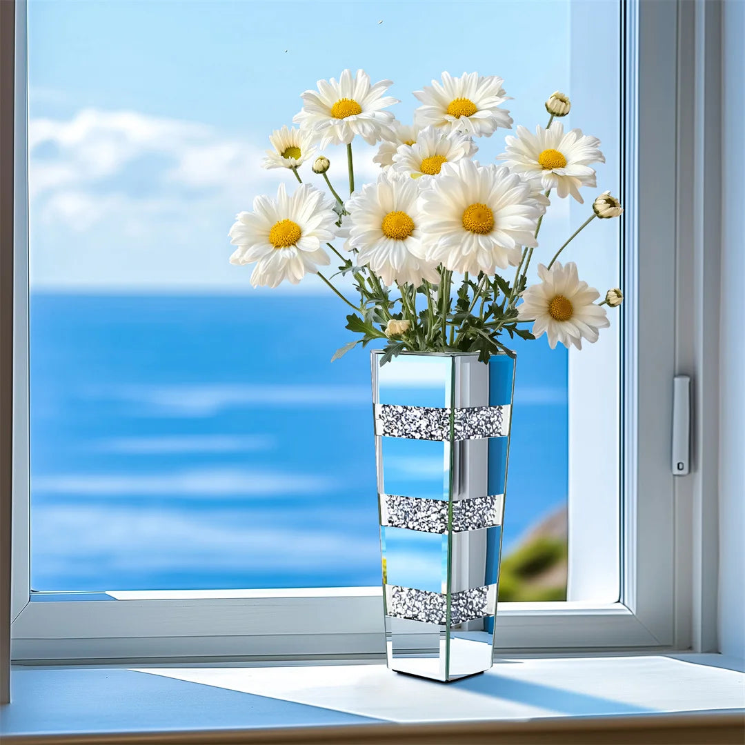 Modern Floor Flower Vase Decorative Crystal Silver Standing Mirrored Flower Vase Floral Arrangement Vase