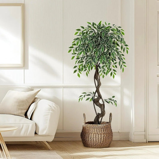 Artificial Ficus Tree with White Ceramic Pot, Realistic Faux Floor Plant for Indoor Outdoor Decor, Includes Pebbles & Green Moss, Perfect for Living Room, Bedroom, Balcony, Office