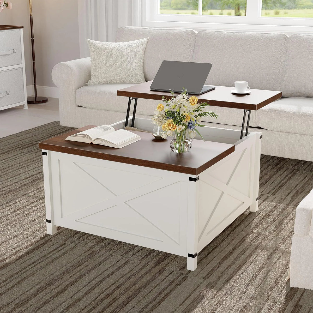 Lift Top Coffee Table, Hidden Storage Coffee Table, Rustic Industrial Lift Table, Multifunctional Living Room Desk for Small Spaces, White