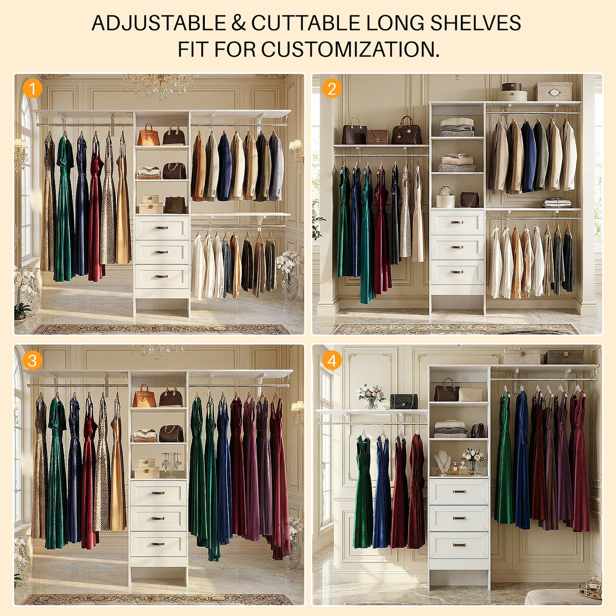 8FT Closet System with 3 Curved Drawers, 96" Wooden Walk-in Closet Organizer with 3 Top Shelves, Adjustable Hanging Rods & DIY Configurable Storage Rack for 4-8 ft Spaces