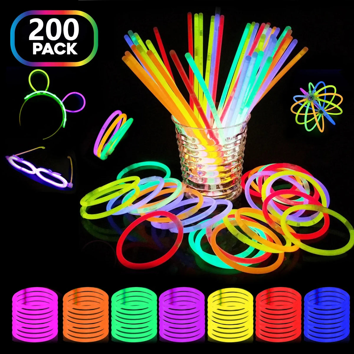 200Pcs Glow in The Dark Party Supplie Pack,Light Up Party Favors Birthda,Glow Party Supplies Led Birthday Party,Neon Party Supplies,Glow Sticks for Wedding,Glow in The Dark Necklaces Party,Glow Sticks Party Pack,Fluorescence