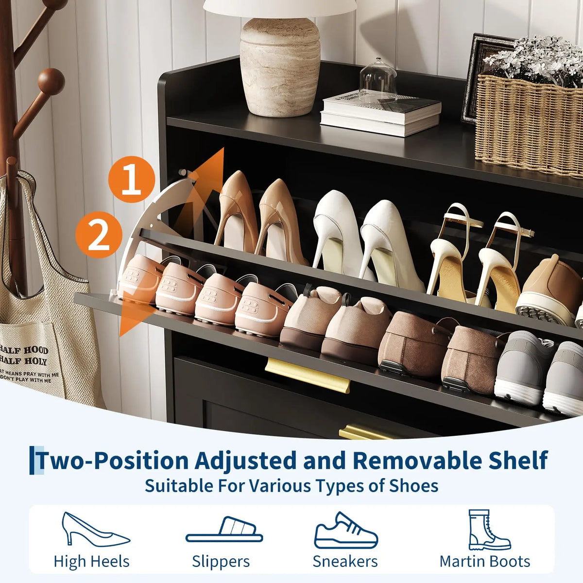 Narrow Shoe Cabinet For Entryway With 2-Tier Flip Drawers, Adjustable Shelves, Dustproof Back Panel, Freestanding Organizer