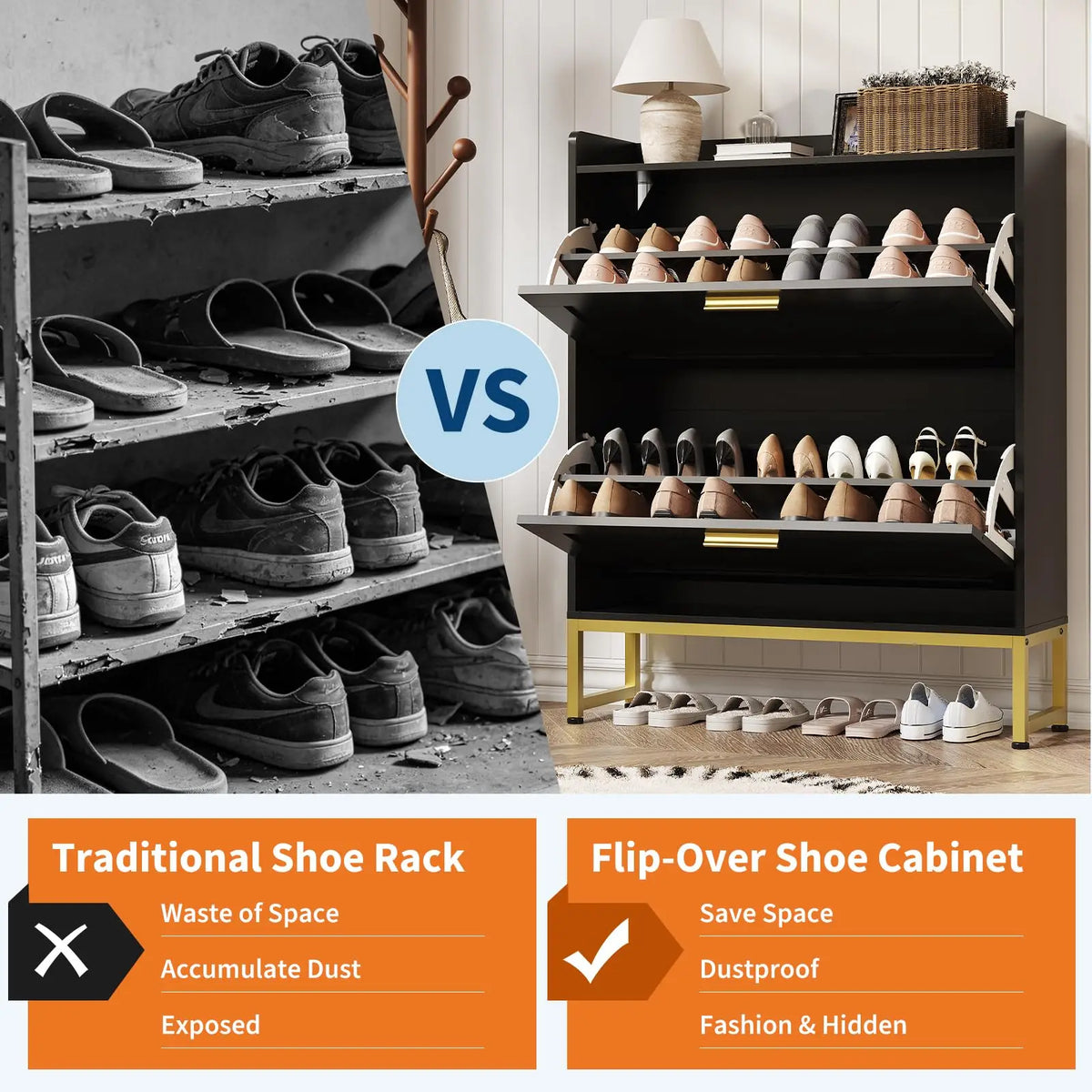 Narrow Shoe Cabinet For Entryway With 2-Tier Flip Drawers, Adjustable Shelves, Dustproof Back Panel, Freestanding Organizer