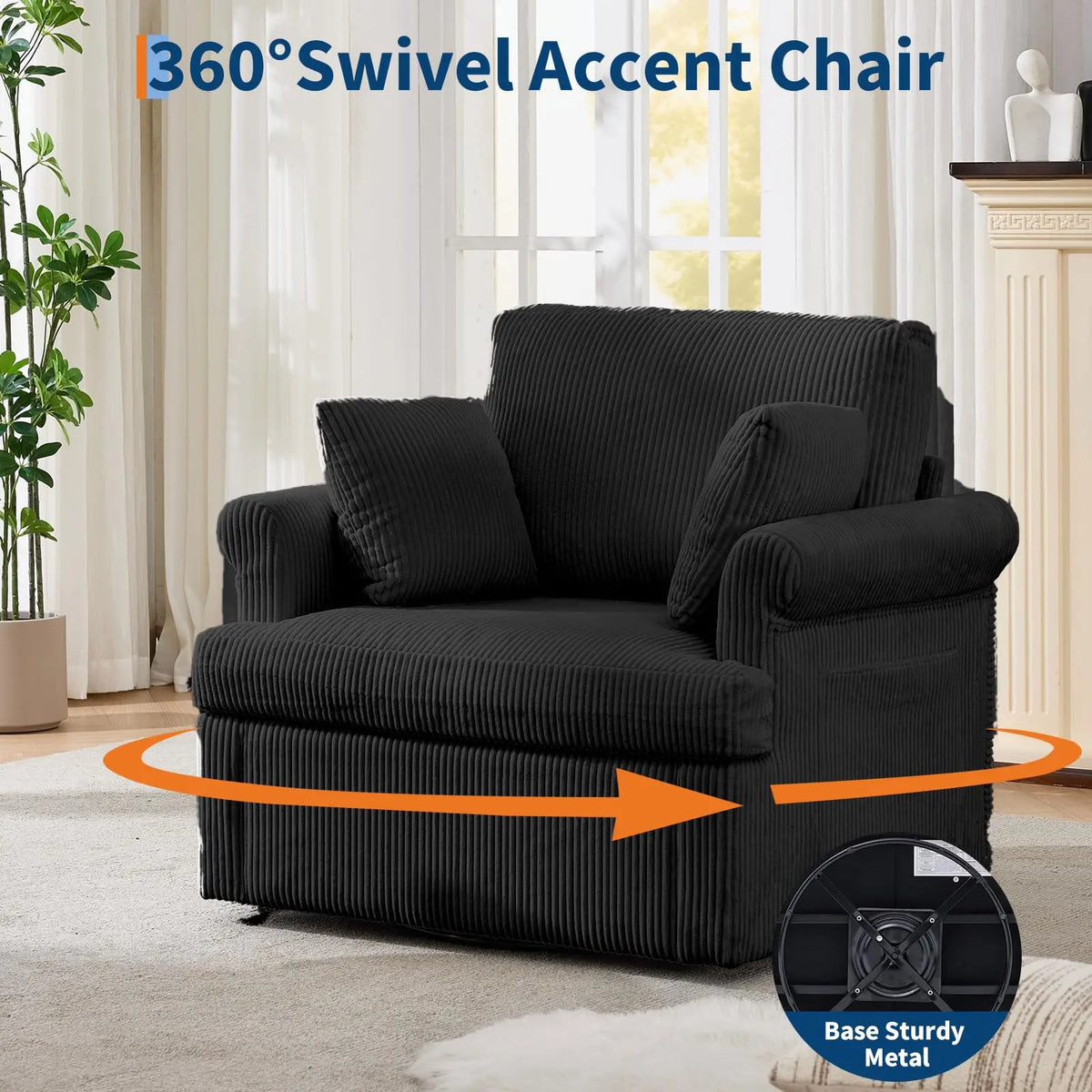 39-Inch 360 Swivel Accent Chair, Large Corduroy Barrel Armchair & 2 Pillows, Storage Pockets For Living Room Bedroom Home Office
