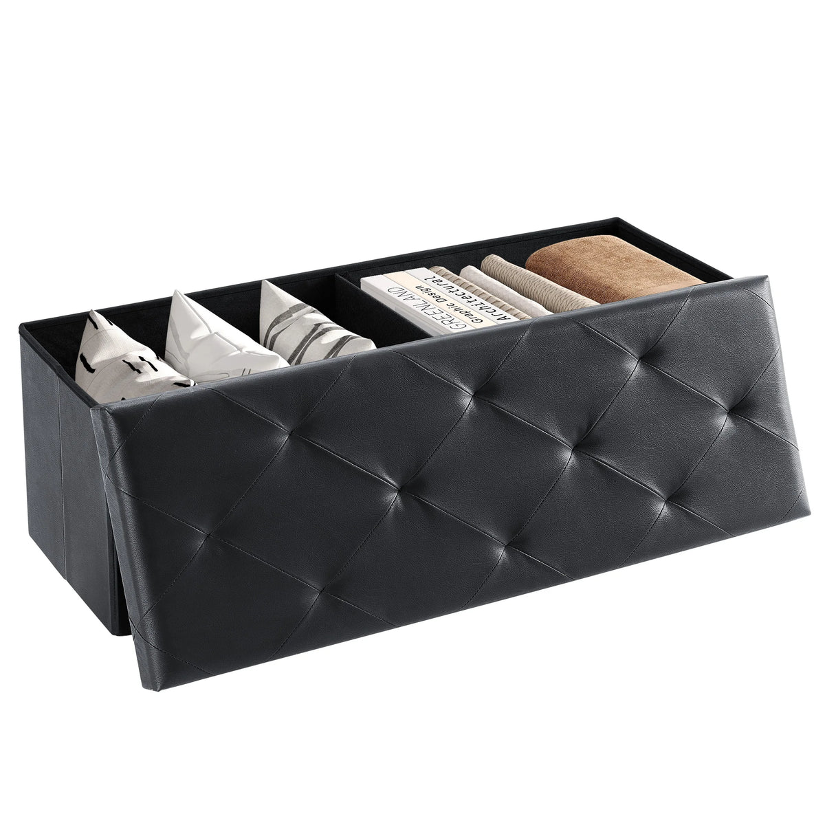 MCQ 43 Inch Faux Leather Foldable Ottoman Foot Rest Stool with Storage Folding End of Bed Storage Bench Storage Load 660 lbs for Living Room Bedroom Entryway
