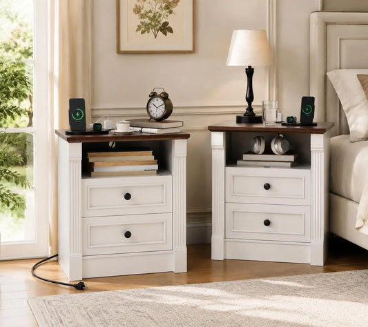 Nightstand Set of 2 with Charging Station 2 Drawers and Open Shelf Modern Bedside Table End Table with USB Type C Port AC Outlet Farmhouse Storage Cabinet for Bedroom Living Room Dorm Black