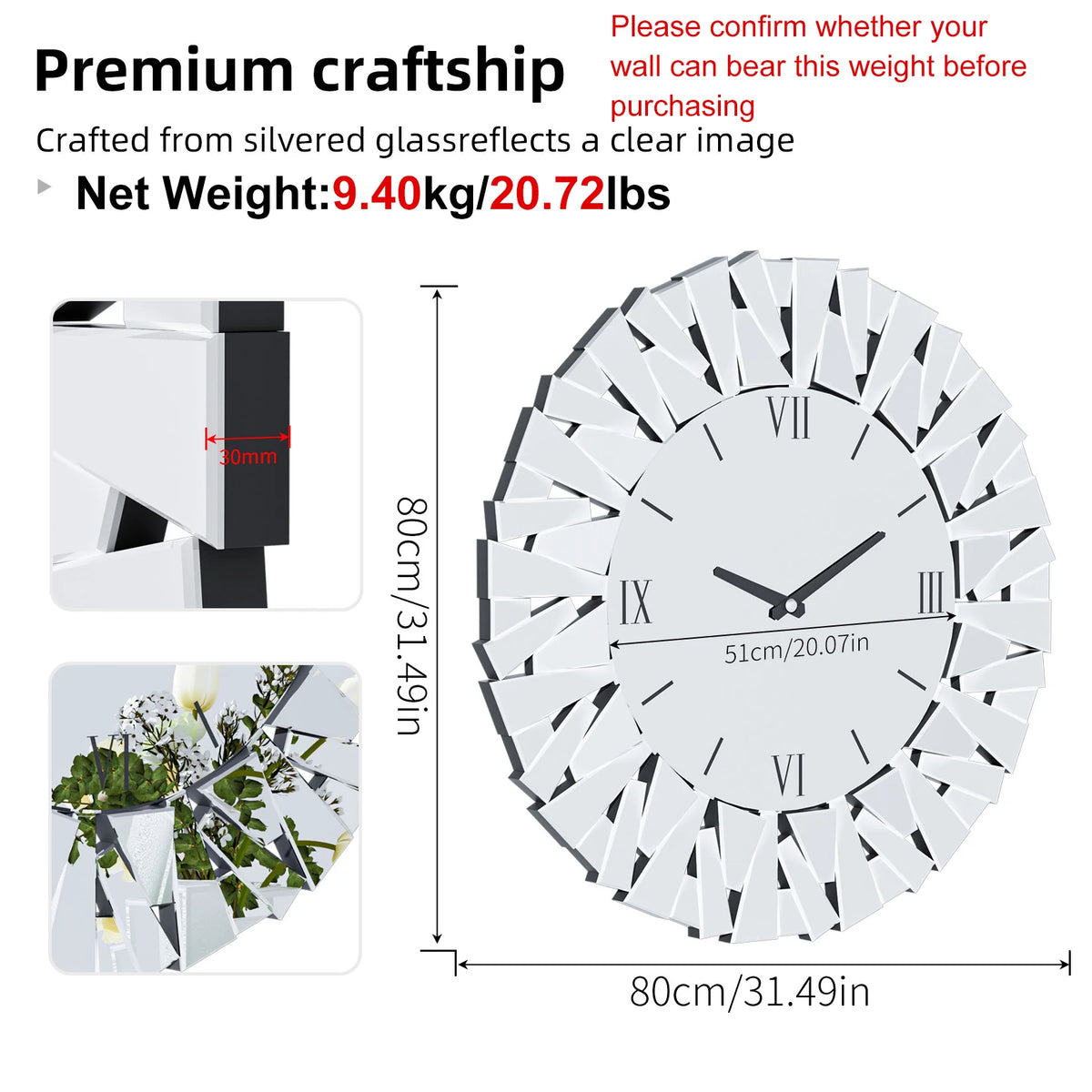 Large Wall Clock 3D Mirrored Clocks Sunburst Edge 32"/80CM Round Roman Numeral Modern Living Room Dining Room Fireplace Decor