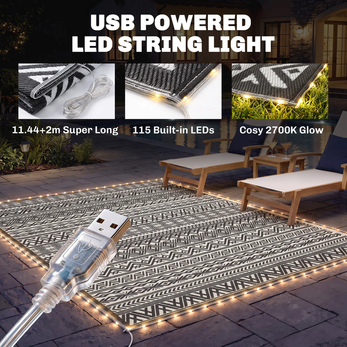Outdoor Rug Carpet with USB Lights 10' x 8'