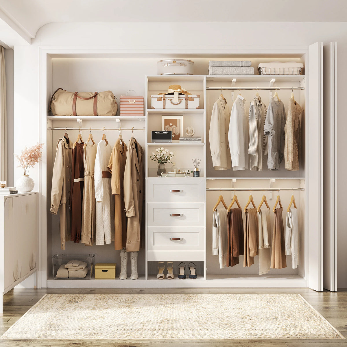 8FT Closet System with 3 Curved Drawers, 96" Wooden Walk-in Closet Organizer with 3 Top Shelves, Adjustable Hanging Rods & DIY Configurable Storage Rack for 4-8 ft Spaces