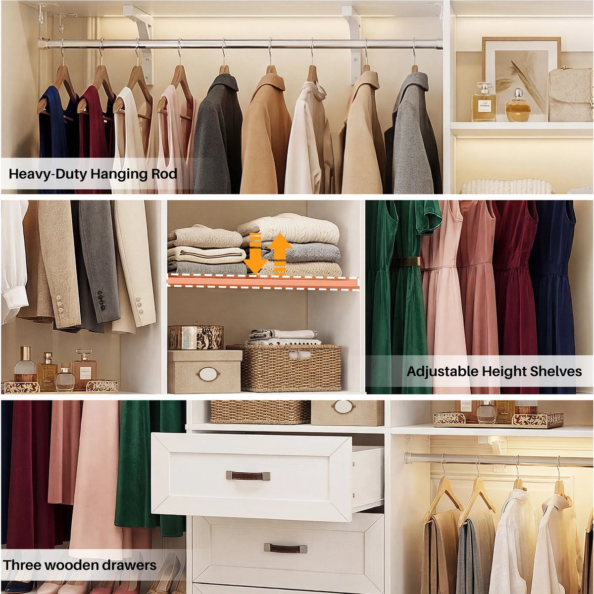 8FT Closet System with 3 Curved Drawers, 96" Wooden Walk-in Closet Organizer with 3 Top Shelves, Adjustable Hanging Rods & DIY Configurable Storage Rack for 4-8 ft Spaces