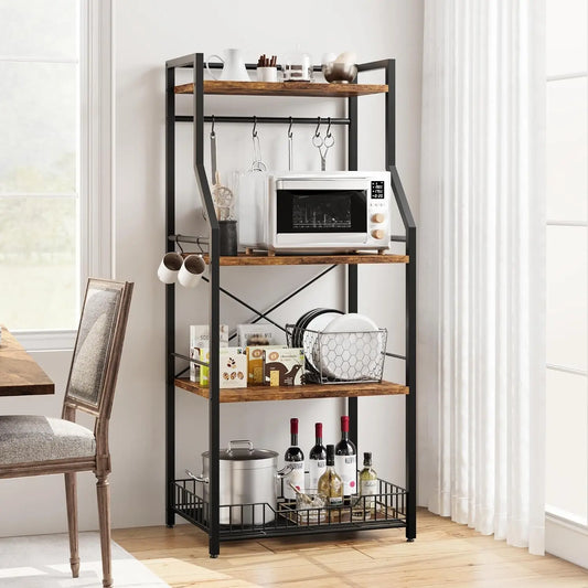 4-Tier Household Floor-Standing Rack For Cookware multi-level and Multi-functional Storage For Bathroom Home Metal Frame 8 S-Hooks Industrial Coffee Bar Storage Shelf