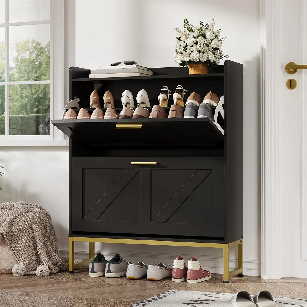 Narrow Shoe Cabinet For Entryway With 2-Tier Flip Drawers, Adjustable Shelves, Dustproof Back Panel, Freestanding Organizer