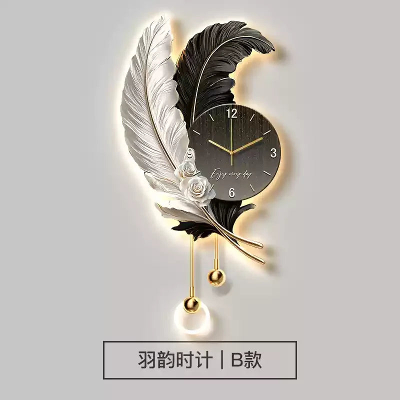 Feather Design Wall Clock With LED Lighting Luxury TV Background Art For Living Room Contemporary Wall Decor