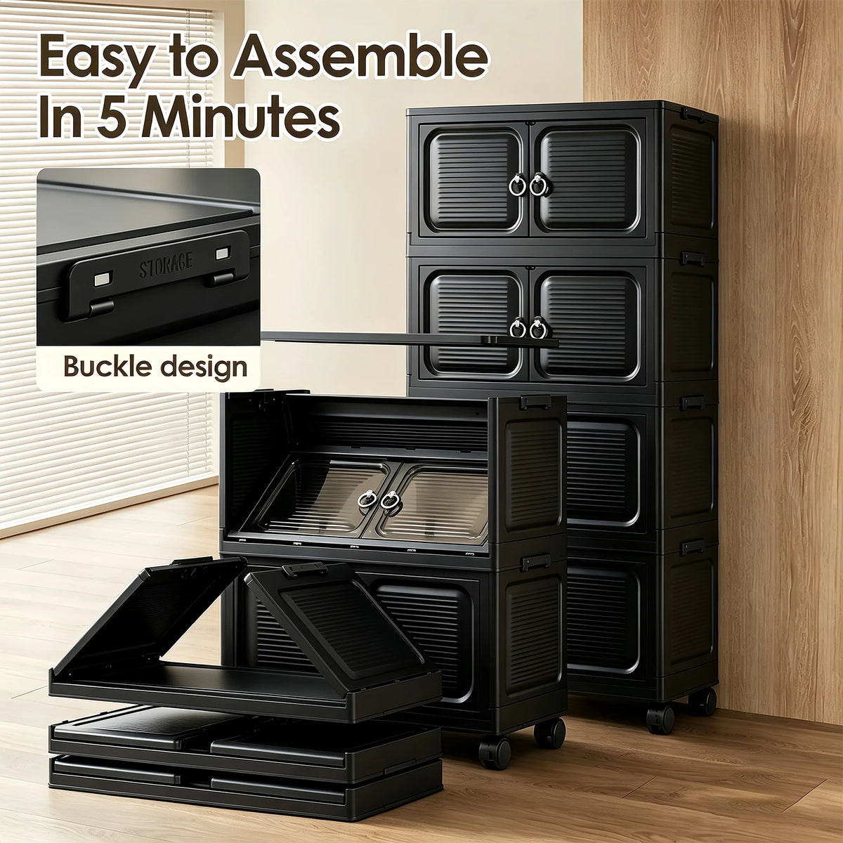 Multifunctional stackable storage cabinet, foldable multi-layer with wheels and handles, plastic storage cabinet, black and white, suitable for office documents, bedroom clothes, living room clutter, general storage
