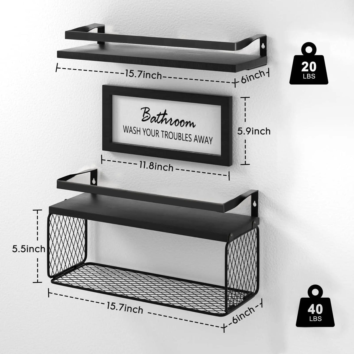 Floating Shelves with Storage Basket & Metal Guardrail, Bathroom Shelves Over Toilet with Wall Decor Sign, Wood Wall Organizer for Bedroom, Living Room, Kitchen
