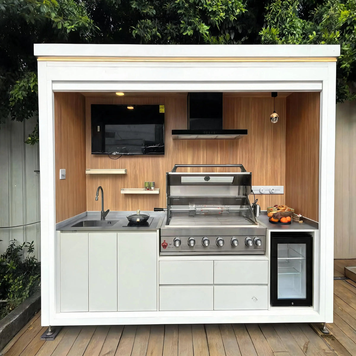 Complete Outdoor Kitchen Cabinet Set With Motorized Lift Up Roof Gas Grill Sink Refrigerator And Storage Drawers