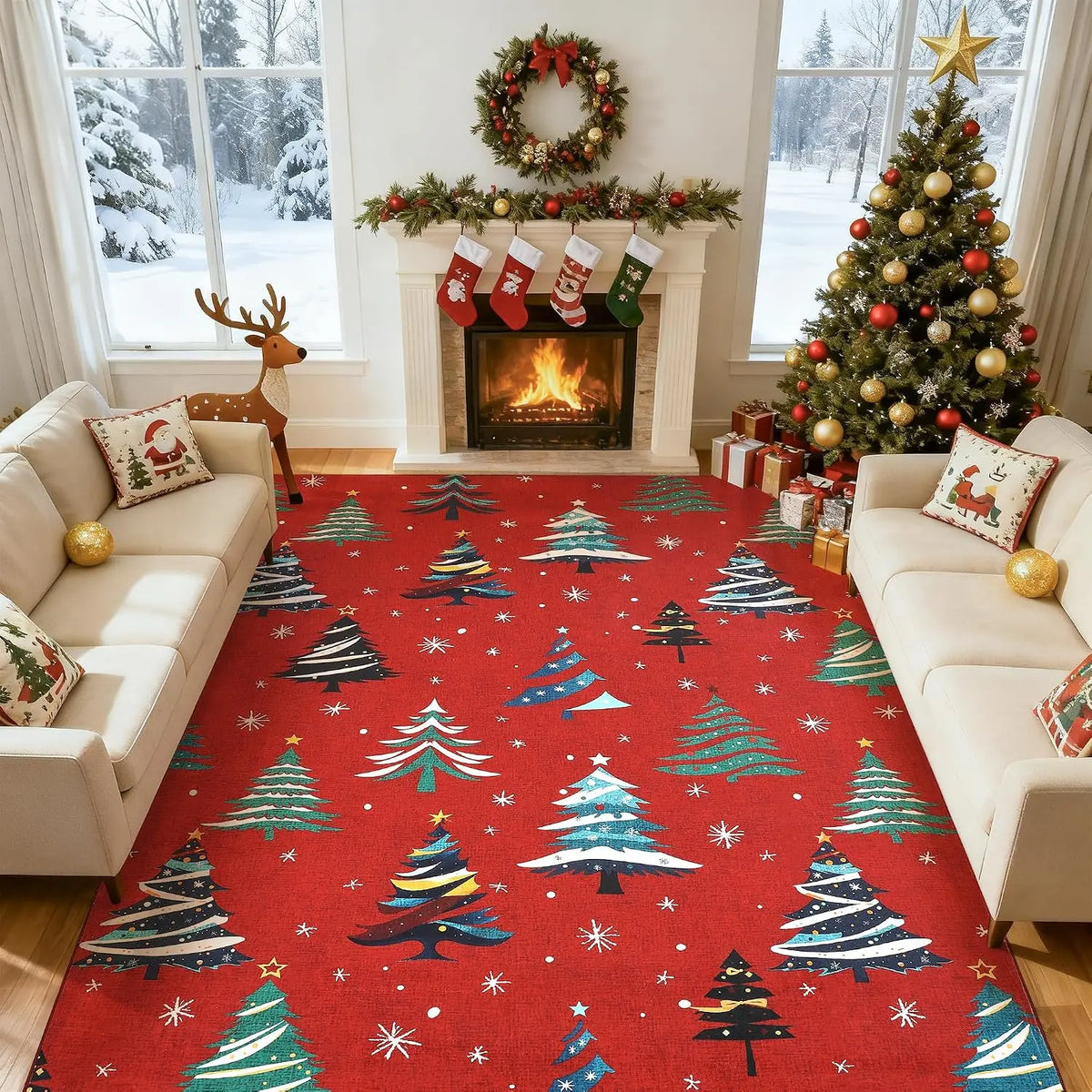 Garvee Area Rugs Christmas Snowflake Area Mat with Xmas Tree Pattern Living Room Bedroom Decoration Holiday Home Decoration Non Slip Low Pile Washable Rug