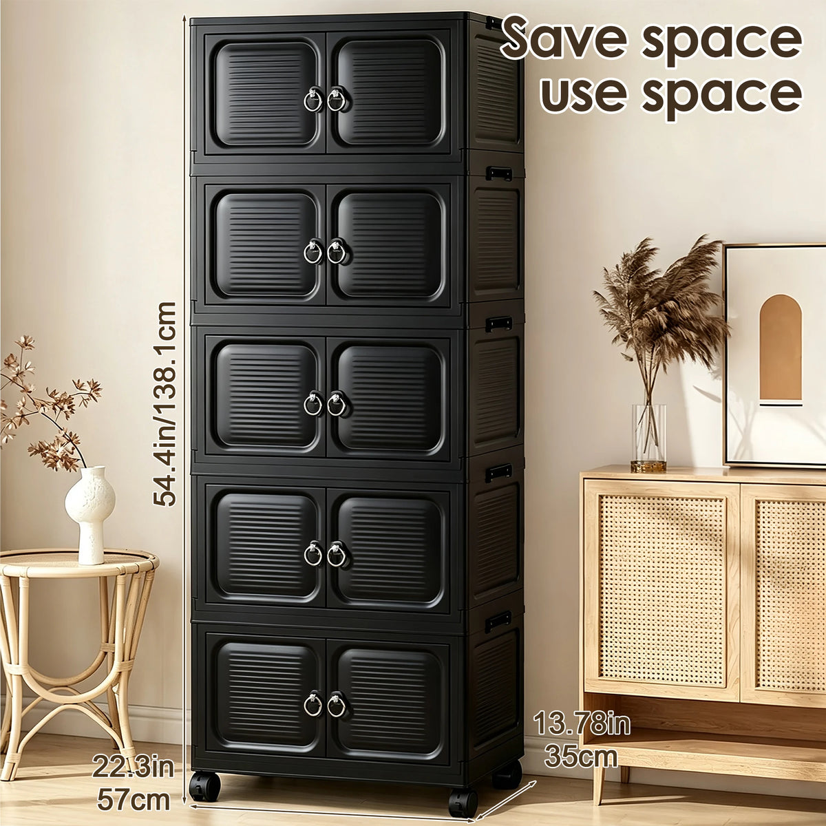 Multifunctional stackable storage cabinet, foldable multi-layer with wheels and handles, plastic storage cabinet, black and white, suitable for office documents, bedroom clothes, living room clutter, general storage