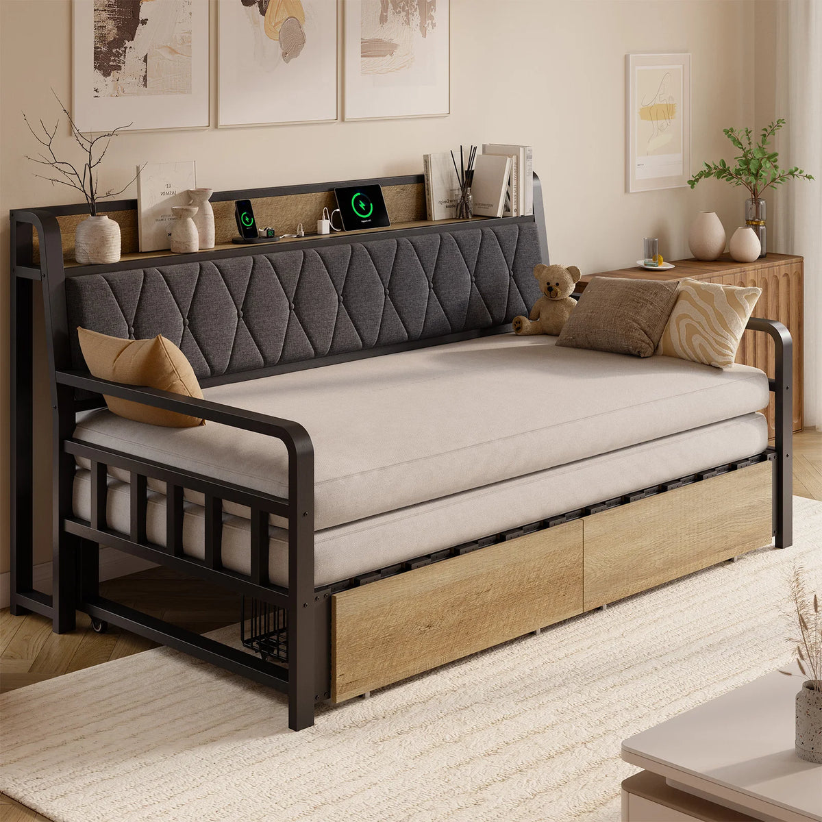 Twin to King Daybed with Trundle, Metal Twin Daybed with Pop up Trundle, Sturdy Twin Day Bed Frame with Storage Drawers, Upholstered Headboard with Charging Station for Living Room & Guest Room, Black / White