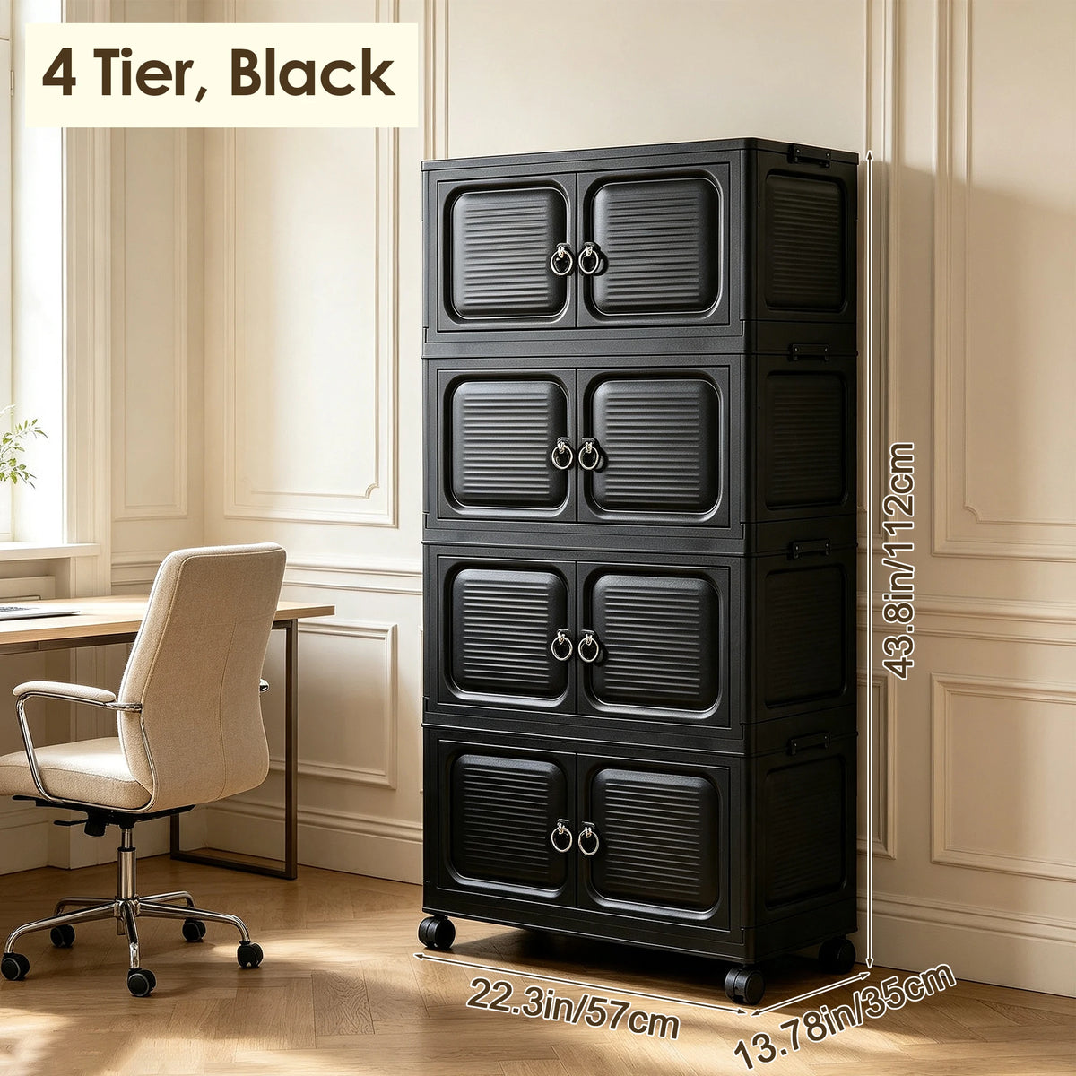 Multifunctional stackable storage cabinet, foldable multi-layer with wheels and handles, plastic storage cabinet, black and white, suitable for office documents, bedroom clothes, living room clutter, general storage