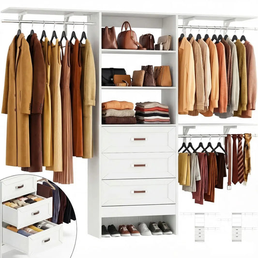 8FT Closet System with 3 Curved Drawers, 96" Wooden Walk-in Closet Organizer with 3 Top Shelves, Adjustable Hanging Rods & DIY Configurable Storage Rack for 4-8 ft Spaces