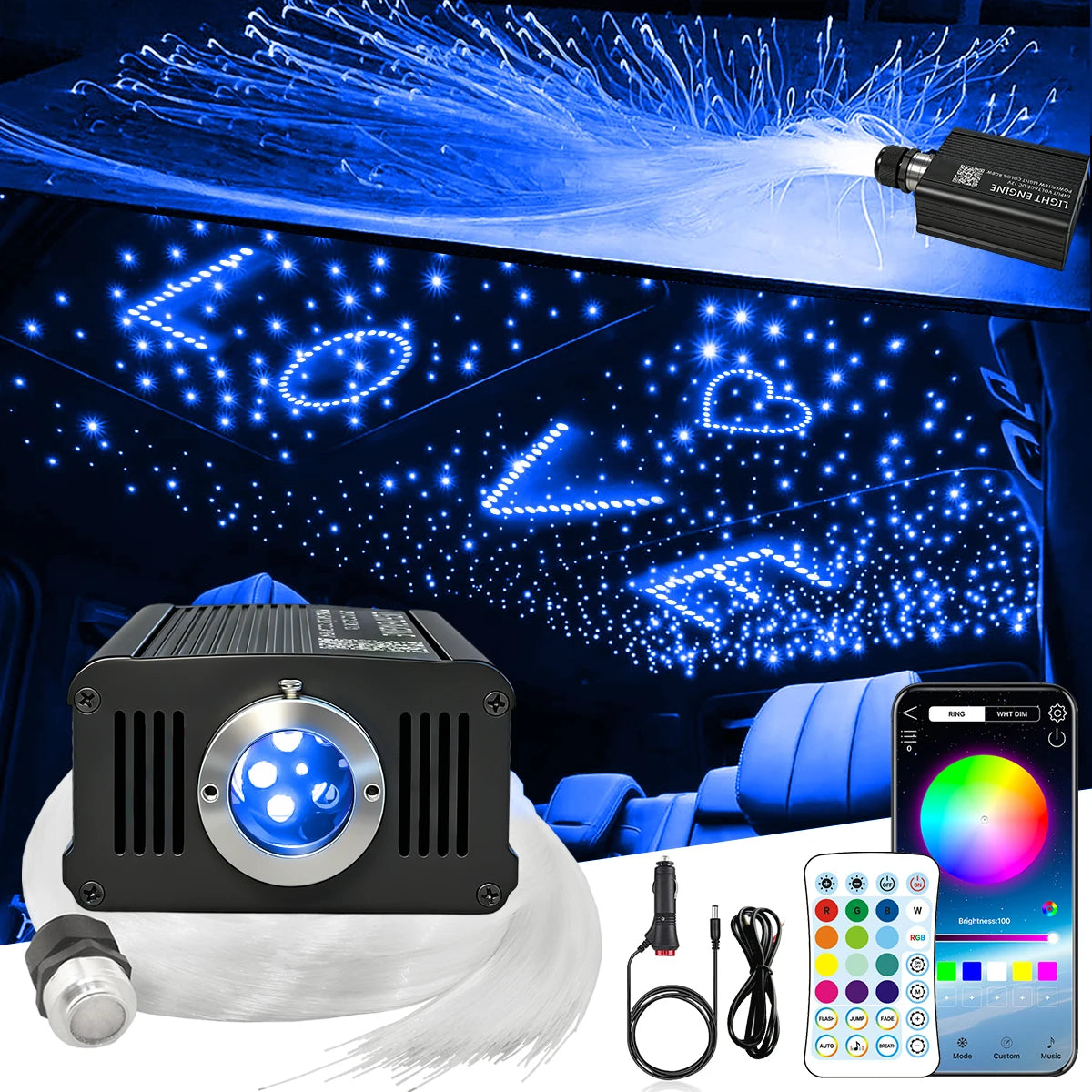 16W RGBW Starlight Headliner Kit, 500/550pcs 0.03in 2m‑3m Fiber Optic Lights, Twinkle Effect & Music Sync Mode, App & Remote Control, Car Roof Ceiling Starry Sky Lighting Kit for Auto Interior Decoration