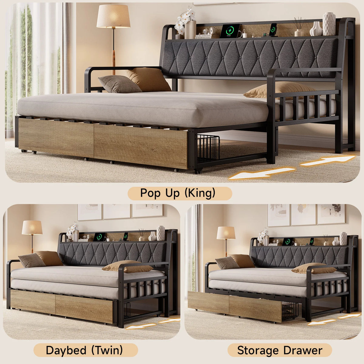 Twin to King Daybed with Trundle, Metal Twin Daybed with Pop up Trundle, Sturdy Twin Day Bed Frame with Storage Drawers, Upholstered Headboard with Charging Station for Living Room & Guest Room, Black / White