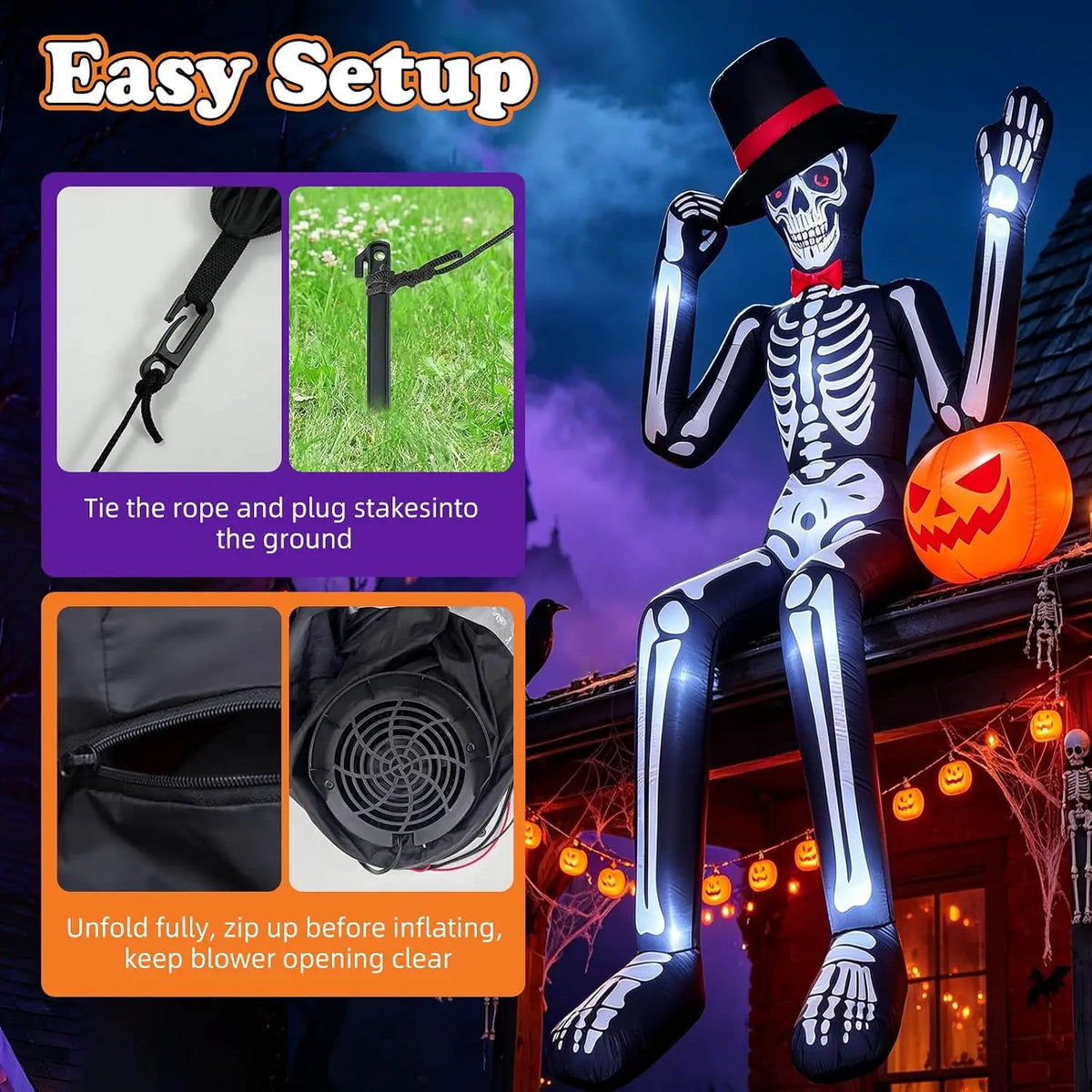 12FT Inflatable Halloween Decoration: Giant Seated Skeleton Holding a Pumpkin, Outdoor Blow-Up with Inbuilt LED Lights & Rapid Inflation, Ideal for Yard, Roof, Balcony, Lawn Garden - Spooky