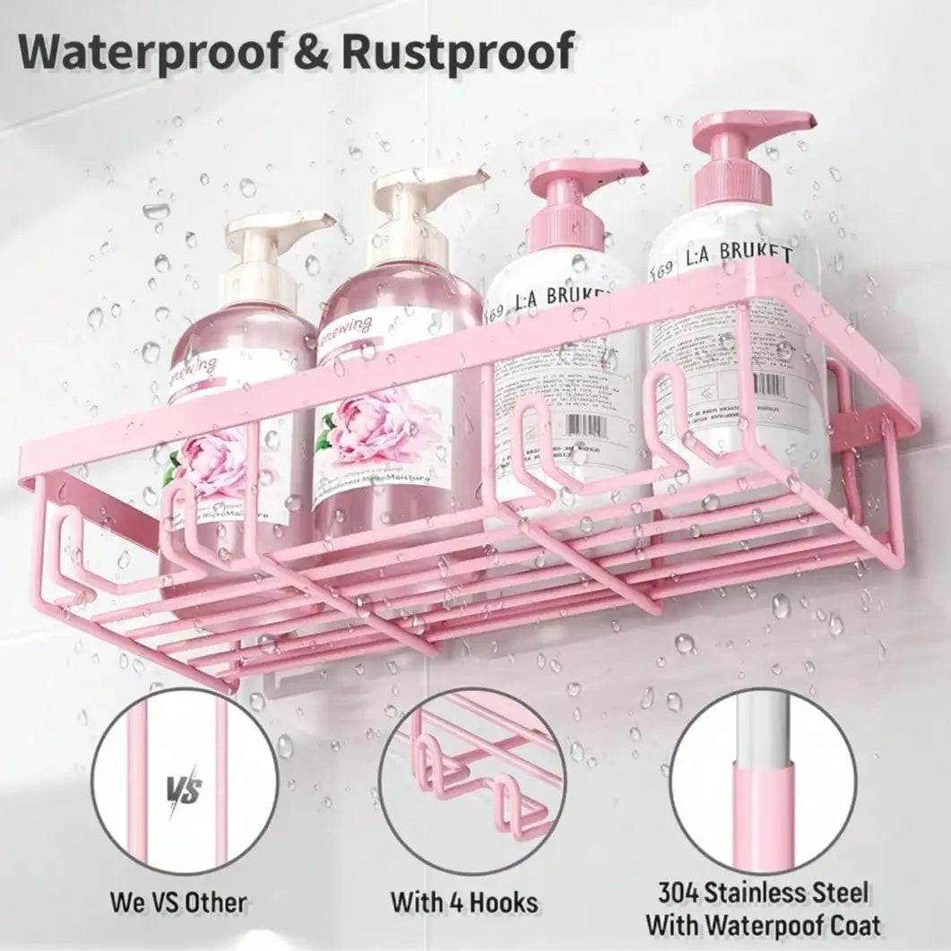 5-Pack Adhesive Shower Caddy, No Drilling Rustproof Stainless Steel Bathroom Organizer Shelves, Large Capacity Wall Mount Rack for Inside Shower, Pink
