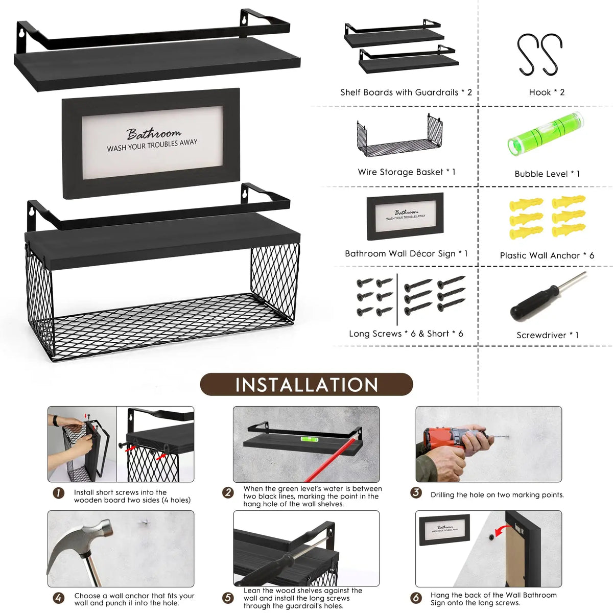 Floating Shelves with Storage Basket & Metal Guardrail, Bathroom Shelves Over Toilet with Wall Decor Sign, Wood Wall Organizer for Bedroom, Living Room, Kitchen