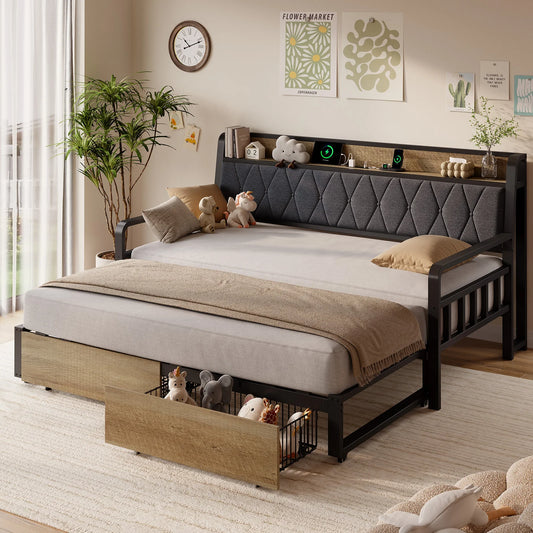 Twin to King Daybed with Trundle, Metal Twin Daybed with Pop up Trundle, Sturdy Twin Day Bed Frame with Storage Drawers, Upholstered Headboard with Charging Station for Living Room & Guest Room, Black / White