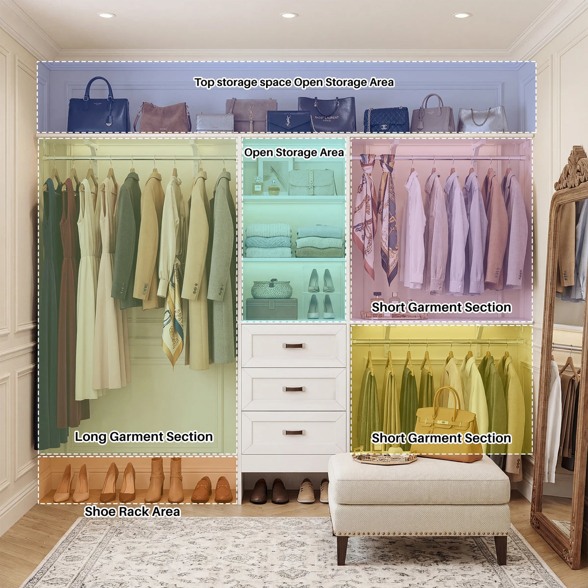 8FT Closet System with 3 Curved Drawers, 96" Wooden Walk-in Closet Organizer with 3 Top Shelves, Adjustable Hanging Rods & DIY Configurable Storage Rack for 4-8 ft Spaces