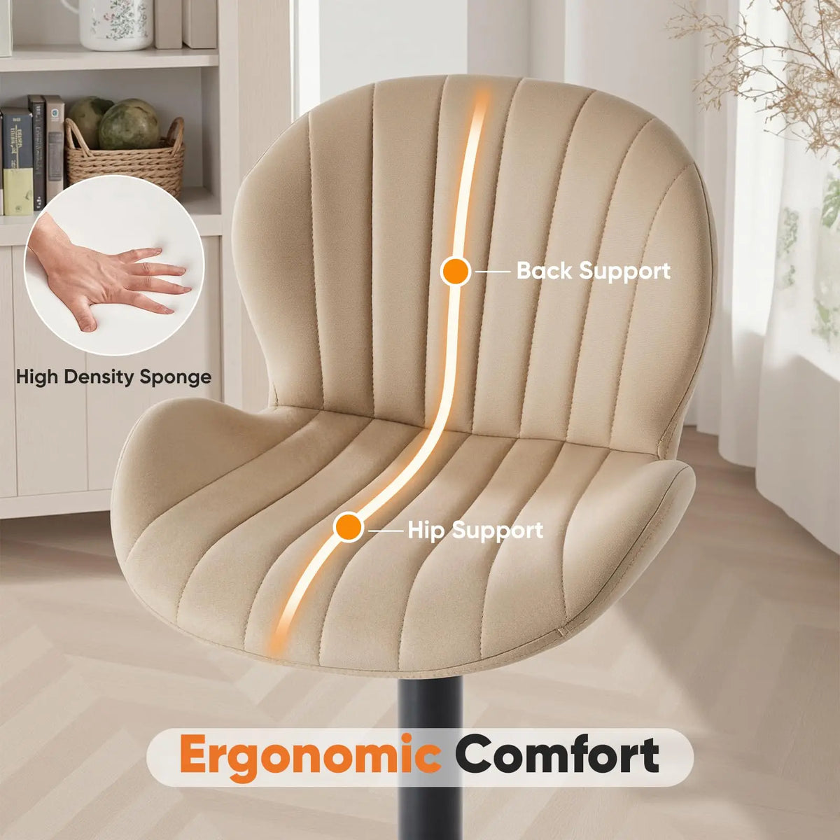 JHK Ergonomic Modern 360° Swivel Dining Chairs Set of 2 Adjustable Fabric Upholstered Kitchen Chairs with  For Kitchen Island