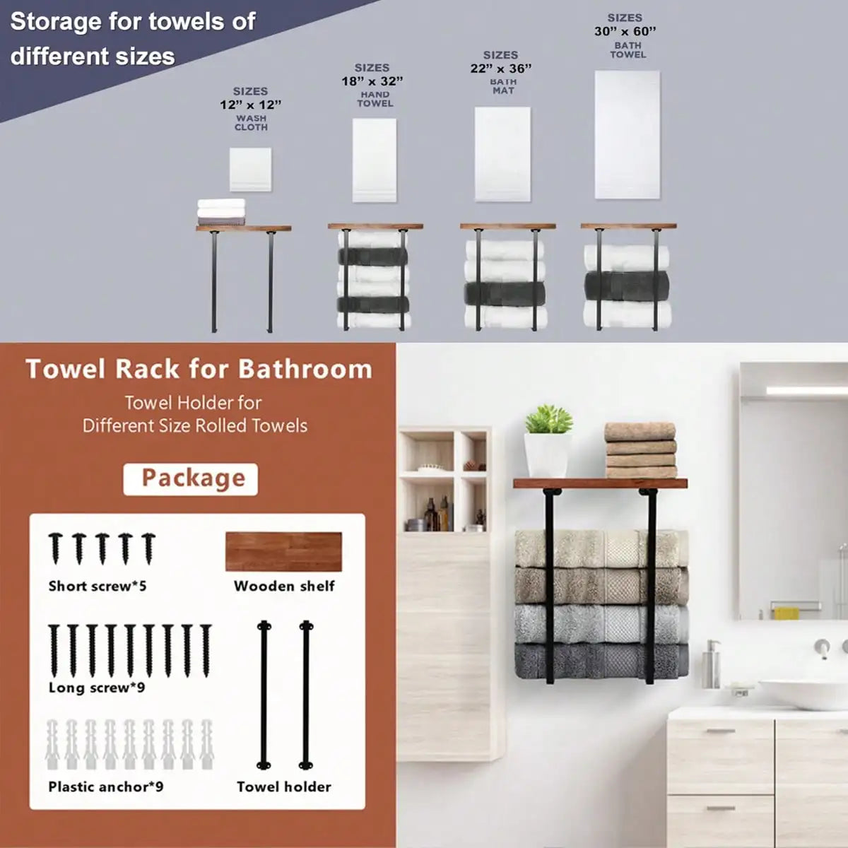 Wall Mounted Towel Rack for Bathroom, Black Minimalist Towel Storage Organizer with Shelf, Space Saving Wall Towel Holder for Large Bath Towels, Hand Towels, Spa, Salon, RV