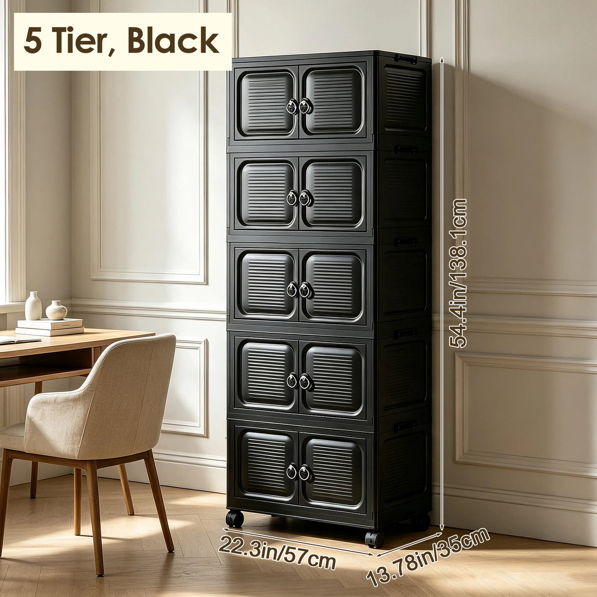 Multifunctional stackable storage cabinet, foldable multi-layer with wheels and handles, plastic storage cabinet, black and white, suitable for office documents, bedroom clothes, living room clutter, general storage