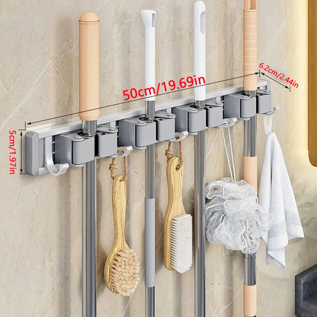 Wall-Mounted Mop and Broom Holder, Heavy Duty Cleaning Tool Organizer with Hooks for Garage Bathroom Kitchen, Space Saving Storage Rack