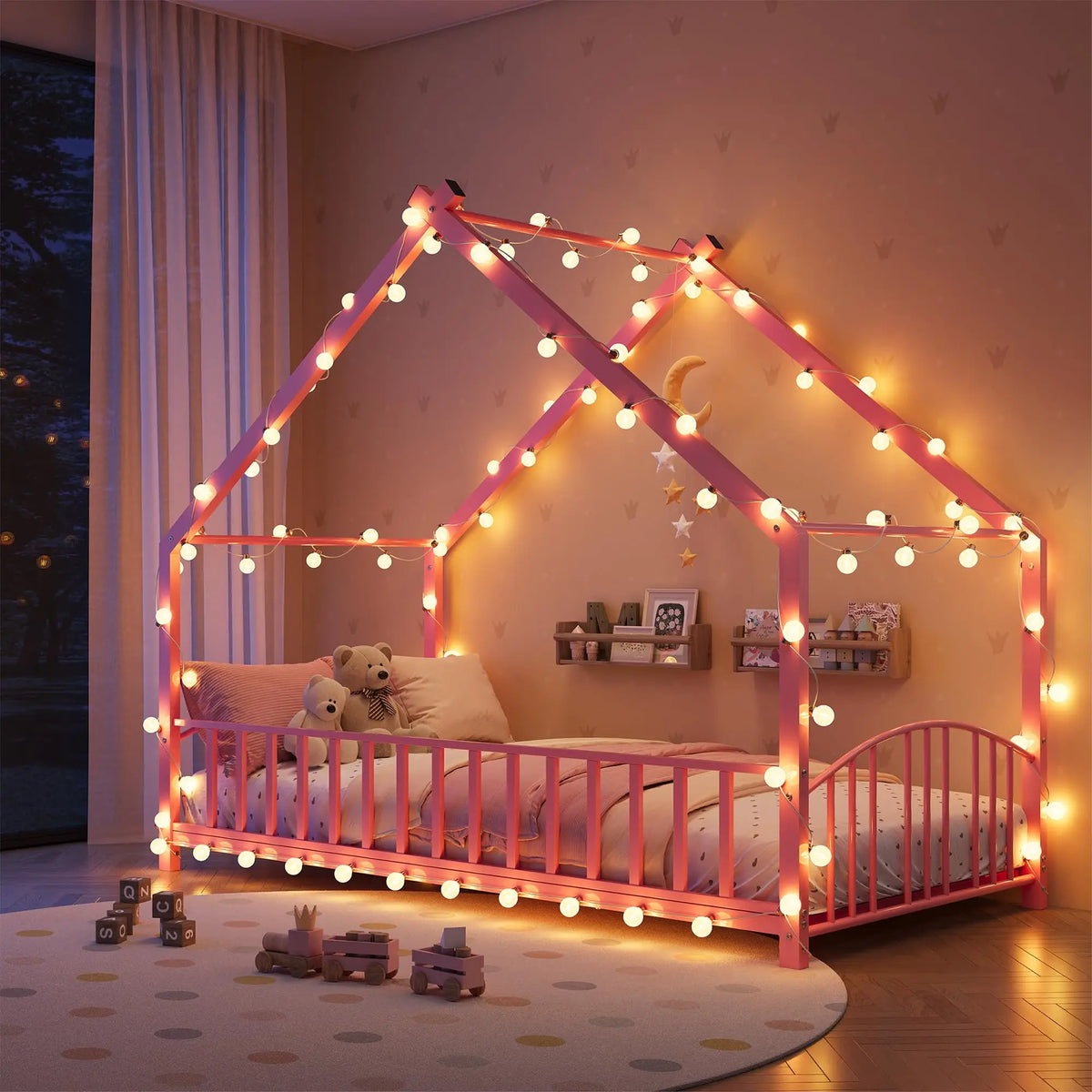 Twin House Bed Frame With Safety Rails, Montessori Floor Bed With Roof, Metal Platform Bed For Kids Girls Boys, No Box Spring