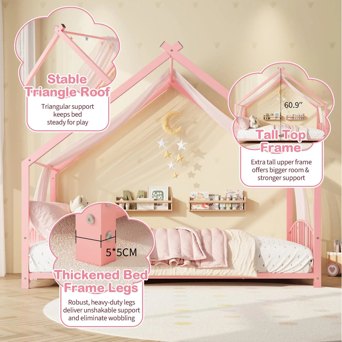 Twin House Bed Frame With Safety Rails, Montessori Floor Bed With Roof, Metal Platform Bed For Kids Girls Boys, No Box Spring