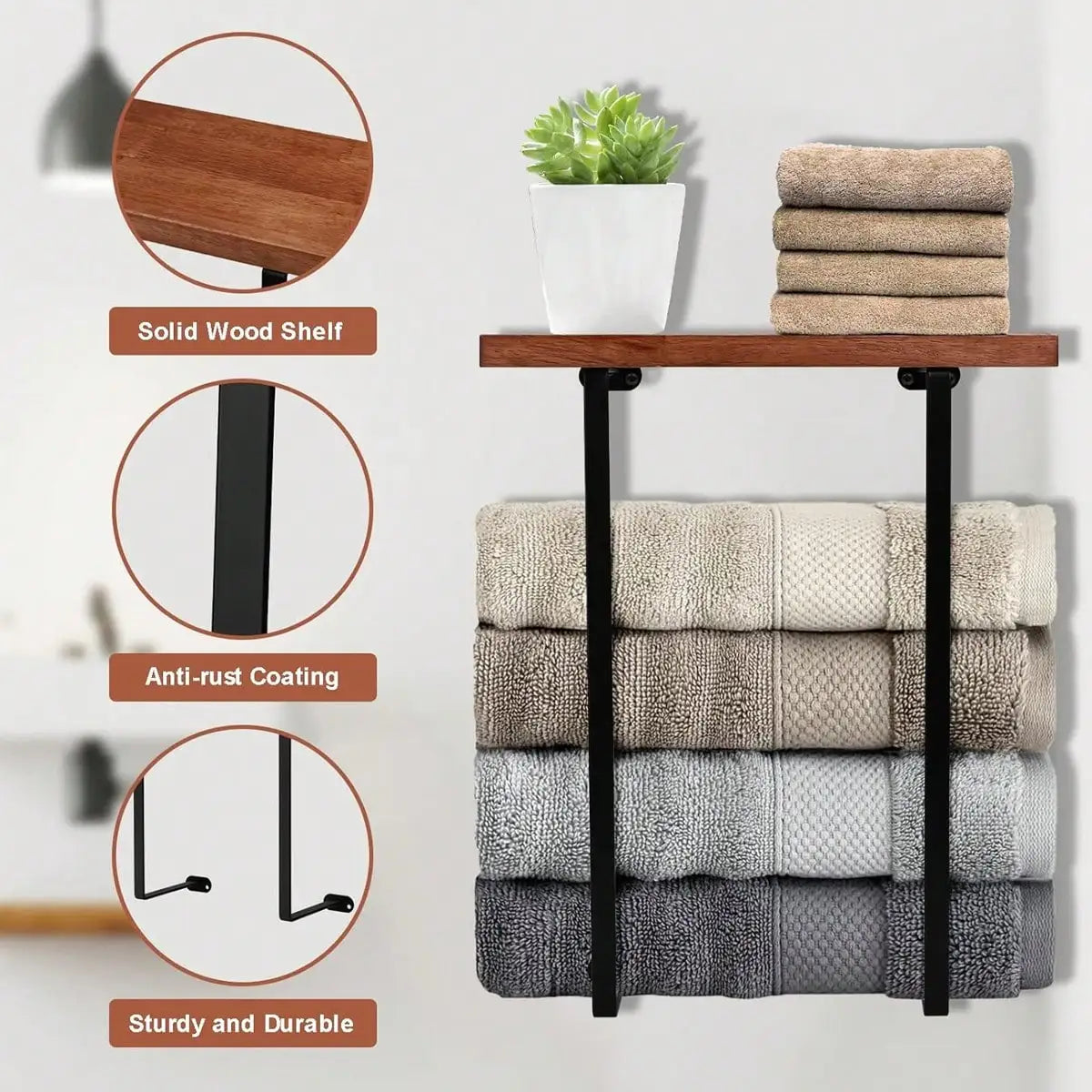Wall Mounted Towel Rack for Bathroom, Black Minimalist Towel Storage Organizer with Shelf, Space Saving Wall Towel Holder for Large Bath Towels, Hand Towels, Spa, Salon, RV