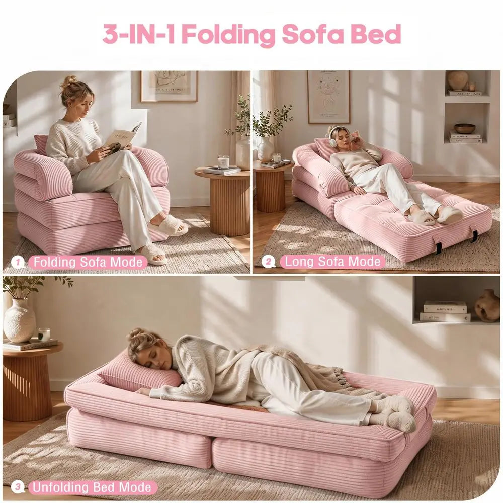 Sofa Bed, Convertible Sleeper Chair with Armrests for Adults, Foldable Corduroy Boneless Bed, 3in1 Portable Futon Couch Floor S